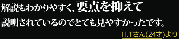 解説もわかりやすく、要点を抑えて説明されているのでとても見やすかったです。 --- H.Tさん(24才)より